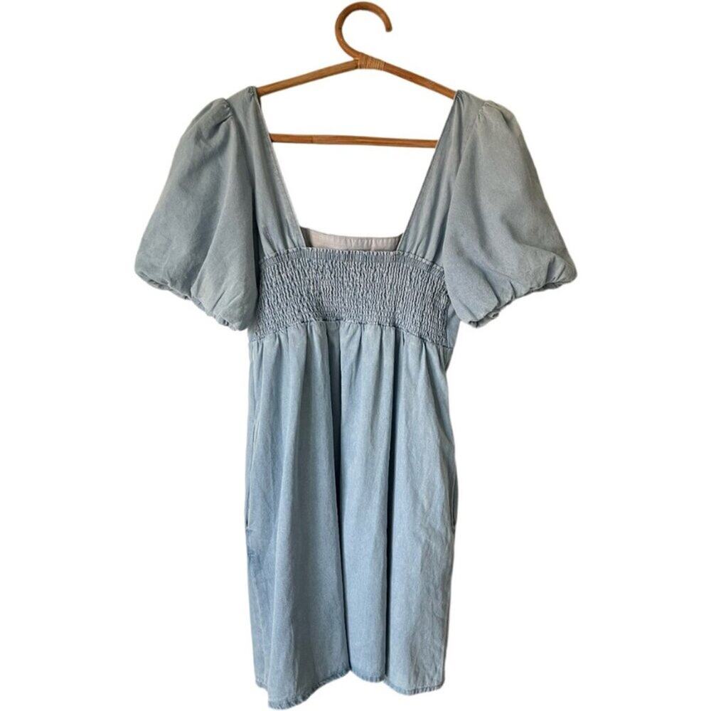 Show Me Your MuMu Smitten Sky Blue Puff Sleeve Mini 100% Cotton Sundress $158 - Picture 4 of 9